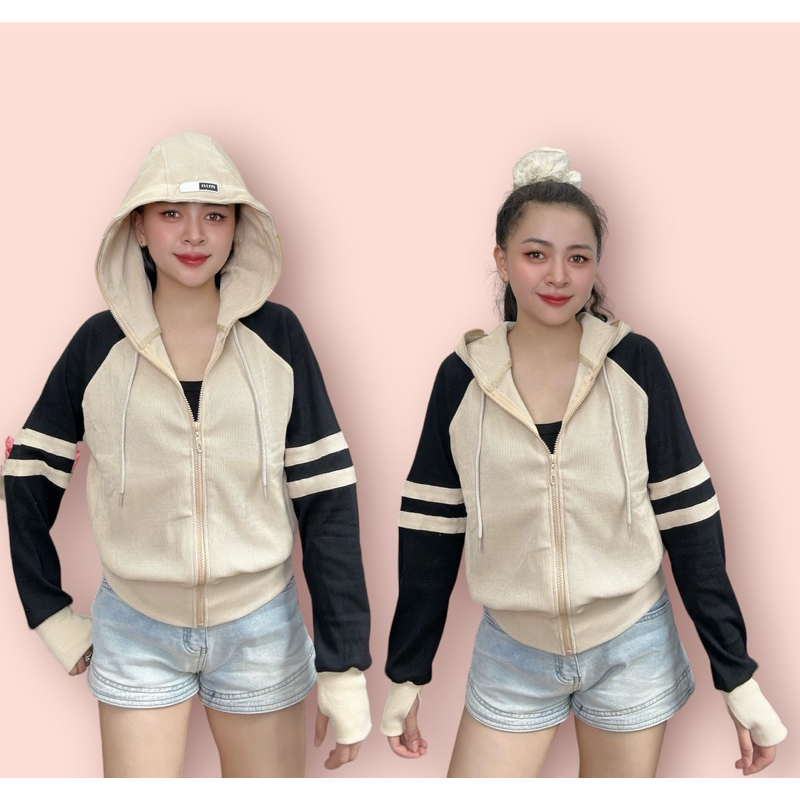 QUỲNH QUỲNH - Áo khoác gân mix logo nón viền tay, Vải gân dày dặn thoáng mát, 6 túi nón to, form lửng ,size 45-60kg- G79