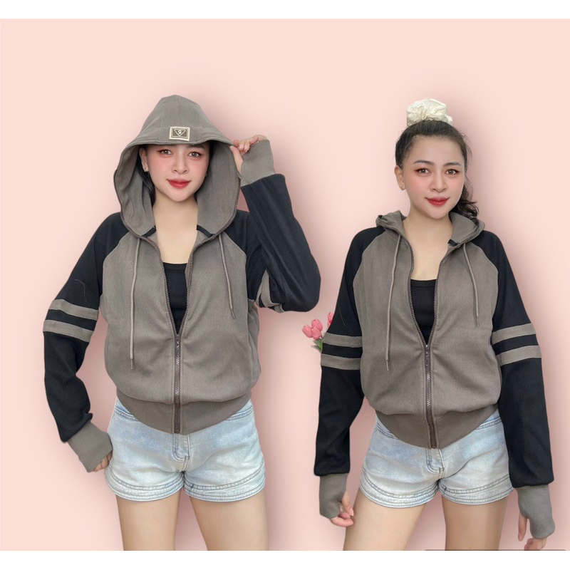 QUỲNH QUỲNH - Áo khoác gân mix logo nón viền tay, Vải gân dày dặn thoáng mát, 6 túi nón to, form lửng ,size 45-60kg- G79
