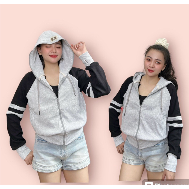 QUỲNH QUỲNH - Áo khoác gân mix logo nón viền tay, Vải gân dày dặn thoáng mát, 6 túi nón to, form lửng ,size 45-60kg- G79