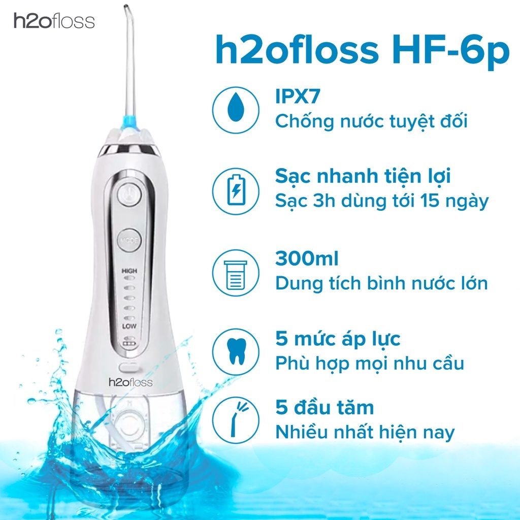 Ảnh Máy tăm nước cầm tay H2oFloss HF6P 300ml [Mẫu cải tiến], Tia nước Micro sạch X4 lần, Bảo Hành 12 tháng, kèm túi đựng máy 2