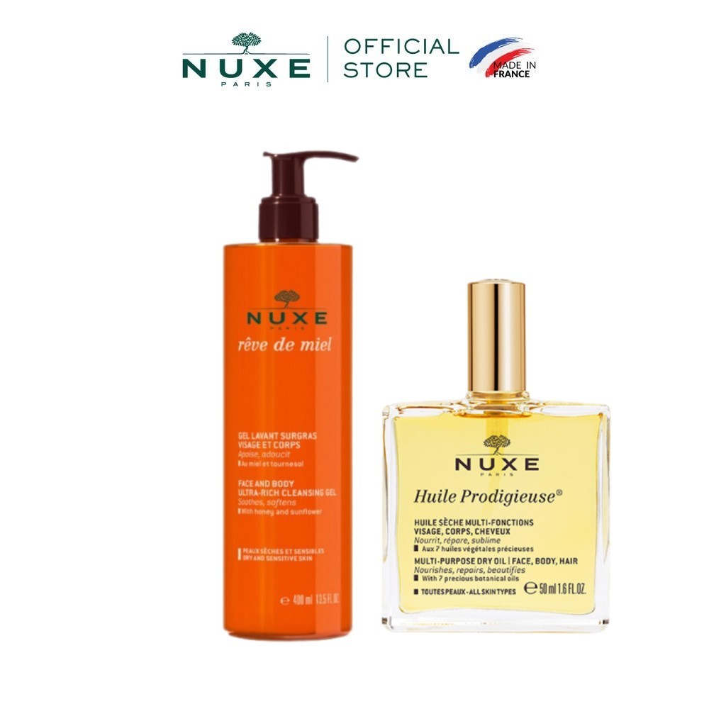 Combo Dầu khô Nuxe Huile Prodigieuse Multi-Purpose Dry Oil 50ml & Gel rửa mặt tắm toàn thân