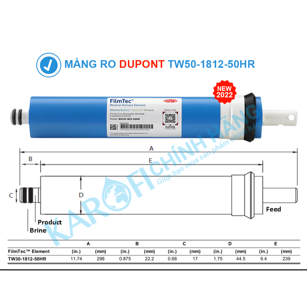 Màng RO Dupont Karofi Công Suất 50GPD Sử Dụng Cho Các Máy Phổ Thông Màng RO Rời- Hàng Chính Hãng (trước là màng DOW)