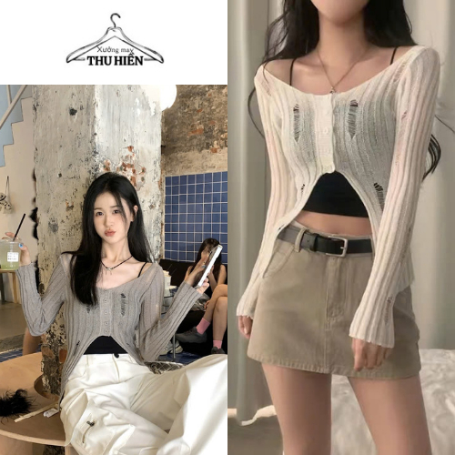 Áo len rách ôm body mỏng nhẹ co giãn 4 chiều thiết kế 5 cúc trước ngực ...