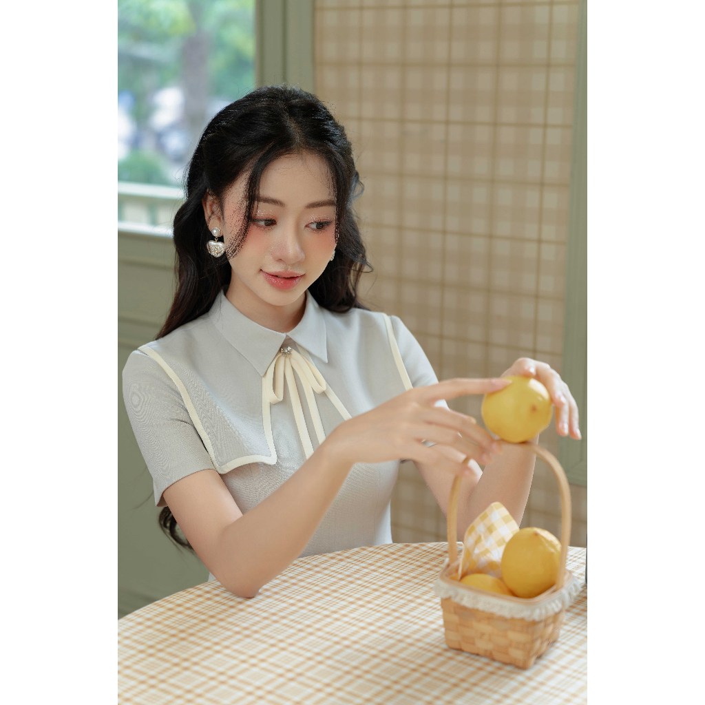 Ảnh Đầm cổ đức bung vạt đính nơ cổ 1S91.2408K, váy dầm công sở kiểu dáng thanh lịch nữ tính thiết kế bởi JM Dress Design 3