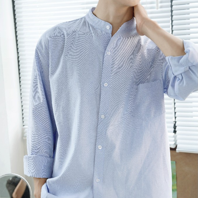 Áo Sơ Mi Cổ Tàu Tay Dài Nam Nữ Hàn Quốc Local Brand Halley Studio Chất Liệu Oxford Form Rộng A12