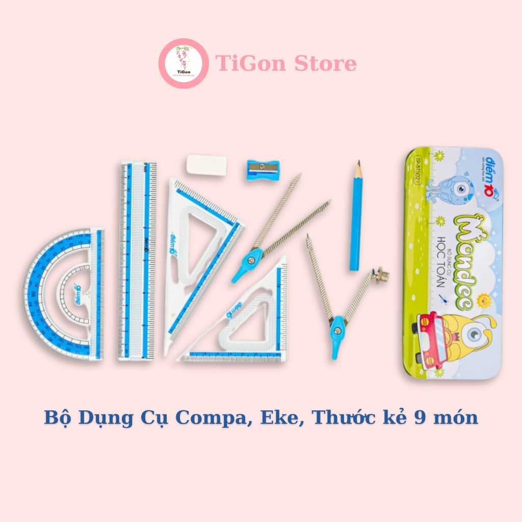 Bộ dung cụ học tập compa, eke, thước kẻ 9 món kèm hộp đựng bằng kim ...