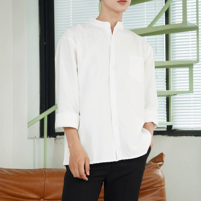 Áo Sơ Mi Cổ Tàu Tay Dài Nam Nữ Hàn Quốc Local Brand Halley Studio Chất Liệu Oxford Form Rộng A12