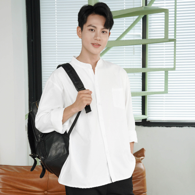 Áo Sơ Mi Cổ Tàu Tay Dài Nam Nữ Hàn Quốc Local Brand Halley Studio Chất Liệu Oxford Form Rộng A12