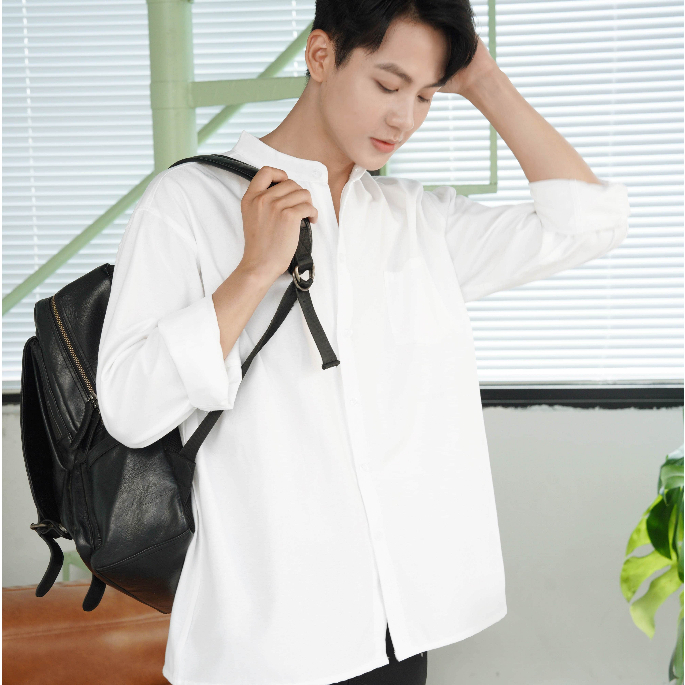 Áo Sơ Mi Cổ Tàu Tay Dài Nam Nữ Hàn Quốc Local Brand Halley Studio Chất Liệu Oxford Form Rộng A12