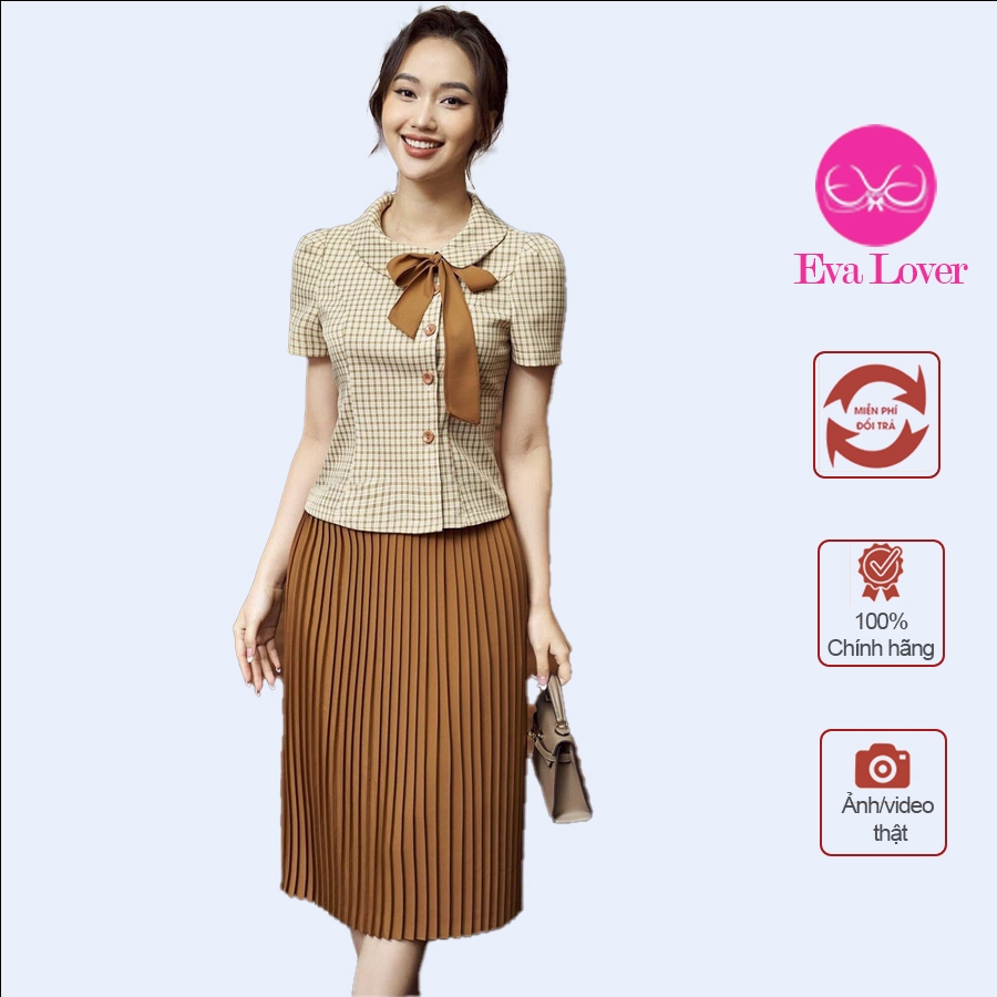 Ảnh Set sơ mi chân váy công sở cổ tròn tay lỡ mix chân váy xếp ly chất liệu kate nhật hiện đại Evalover 1