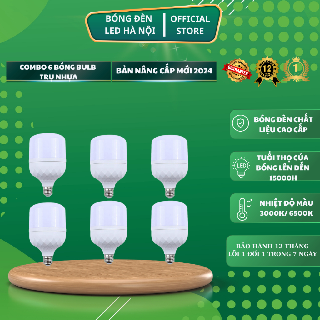 Bộ 6 Bóng LED Bulb Siêu Sáng, Combo Bóng Đèn LED 15W 20W 30W 40W 50W 60W Tiết Kiệm Điện, Chống Nước
