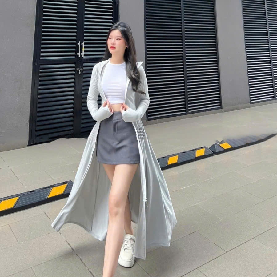 Áo Khoác Chống Nắng Toàn Thân Nữ Dáng Váy Vải Thun Lạnh,Chống Tia Cực Tím UPF 50+,Chống Gió Cản Bụi
