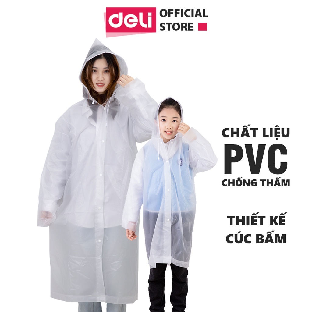 Áo Mưa Trong Suốt Deli - Áo Mưa Cúc Bấm Vải EVA An Toàn Chống Thấm Cao Cấp Áo Mưa Người Lớn Trẻ Em
