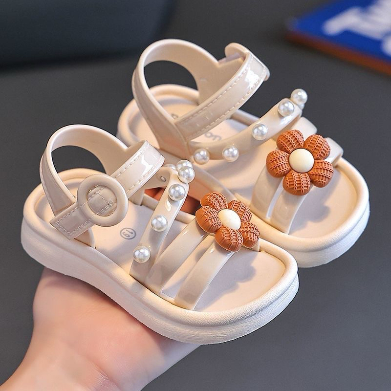 Giày quai chéo hình hoa mai đính hạt châu siêu dễ thương cho bé gái đi học, quai dán tiện lợi chống nước