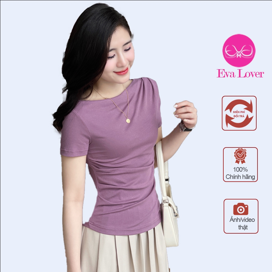 Ảnh Áo thun nữ lệch vai Evalover – Nhún eo gấu vát, vải cotton co giãn 4 chiều 1