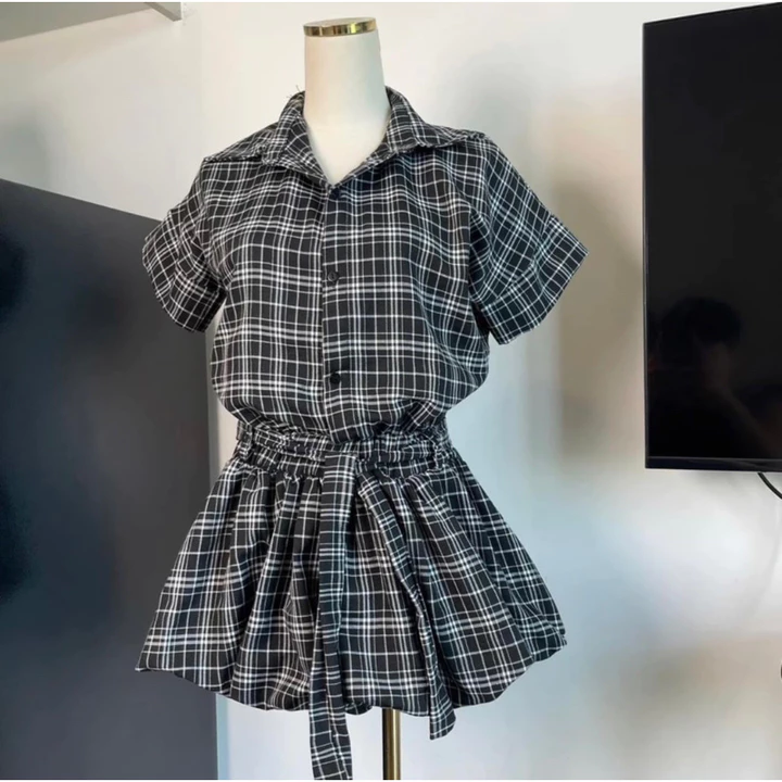 Váy nữ liền thân kẻ caro tay ngắn dáng bí kèm đai lưng , sét áo sơ mi liền thân cổ sơ mi trendy LOSY.STORE