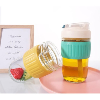 Cốc thủy tinh có nắp và ống hút, cốc bọc da đẹp dung tích 500ml