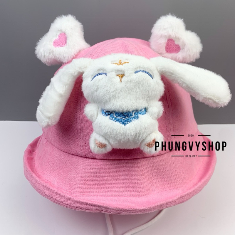 BéTrên4Tuổi-Vđ 54cm_Mũ bucket tai bèo vành gái trẻ em phungvyshop-nón/ BO nhung Lật Cinnamonroll Tai Dài Trắng Tai Tim/