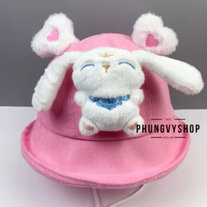 BéTrên4Tuổi-Vđ 54cm_Mũ bucket tai bèo vành gái trẻ em phungvyshop-nón/ BO nhung Lật Cinnamonroll Tai Dài Trắng Tai Tim/