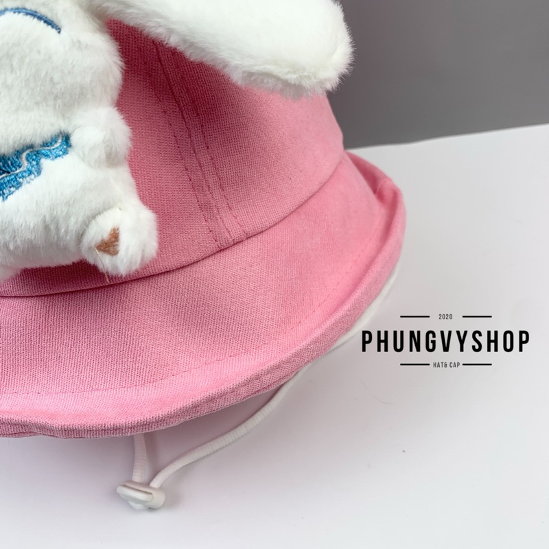 BéTrên4Tuổi-Vđ 54cm_Mũ bucket tai bèo vành gái trẻ em phungvyshop-nón/ BO nhung Lật Cinnamonroll Tai Dài Trắng Tai Tim/