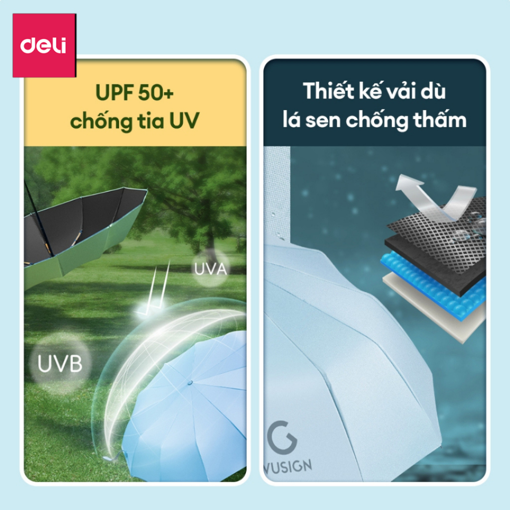 Ô Dù Gấp Gọn Deli Che Nắng Mưa Cầm Tay Tự Động Đóng Mở 2 Chiều Chống Tia UV Chất Liệu Dày Dặn Chống Thấm