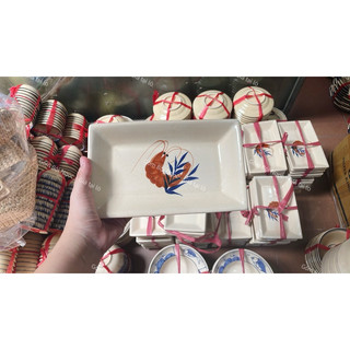 Dĩa Chữ Nhật Gốm Cao Cấp Vẽ Cá Rồng/Gà/Hoa/Sọc/Phết/Tôm Cổ Xưa Từ 21cm Đến 34cm - Gốm Xưa Lái Thiêu Cho Người Hoài Niệm
