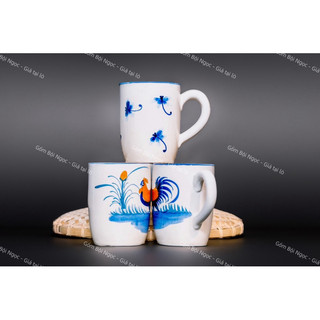 Ly Gốm Vẽ Gà Trống/Chuồn Chuồn Có Quai Viền Xanh 400ml - Hàg Cao Cấp Kiểu Dág Đẹp -Gốm Lái Thiêu Xưa Cho Người Hoài Niệm
