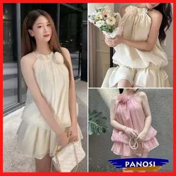 Váy nữ hở vai váy kiểu nữ dáng bí hở vai cổ yếm đính hoa có lót quần váy chất tơ mềm V152 PANOSI