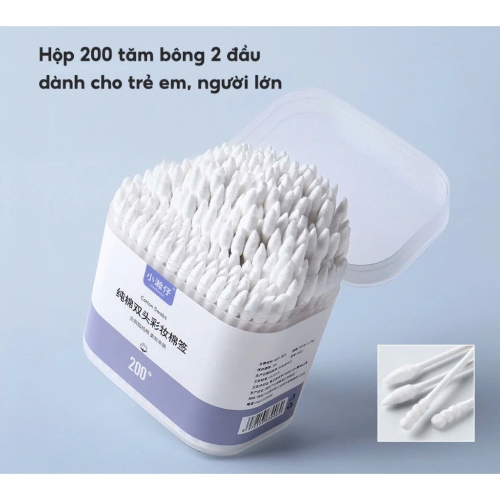 Hộp 200 Tăm Bông 2 Đầu Vệ Sinh Tai Mũi Tẩy Trang Kháng Khuẩn Dùng Được Cho Bé Trẻ Sơ Sinh ko