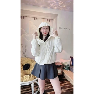 Áo Khoác Nữ Chất Vải Gió Lụa Nhăn Croptop, Tay Dài Và Mũ Phong Cách Basic Thể Thao Năng Động