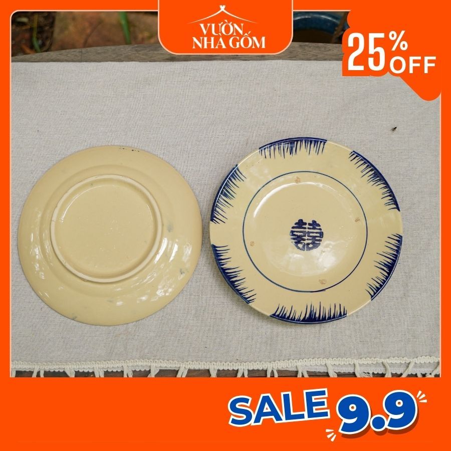 Set 5 cái dĩa dẹt phết xanh, đĩa viền hoa xanh, đĩa ăn cơm tấm, dĩa ...