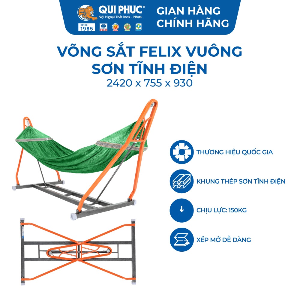Võng nằm Felix vuông QUI PHÚC, khung thép chắc chắn, võng xếp linh hoạt, khung thép chịu tải 150kg