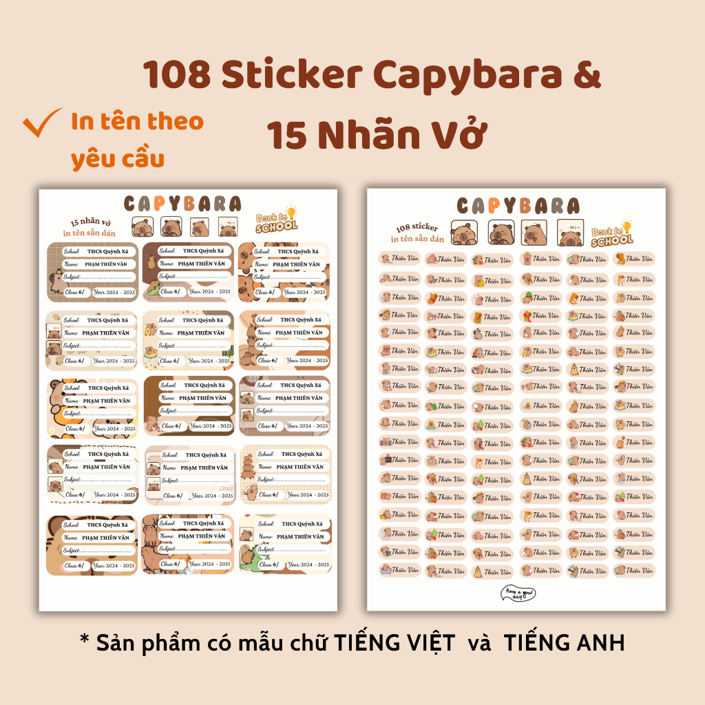 (HOẢ TỐC ) COMBO 108 sticker + 45 nhãn vở CAPYBARA in tên theo yêu cầu ...