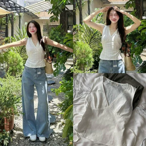 Áo ren xô cổ V sát nách buộc dây sau QC099