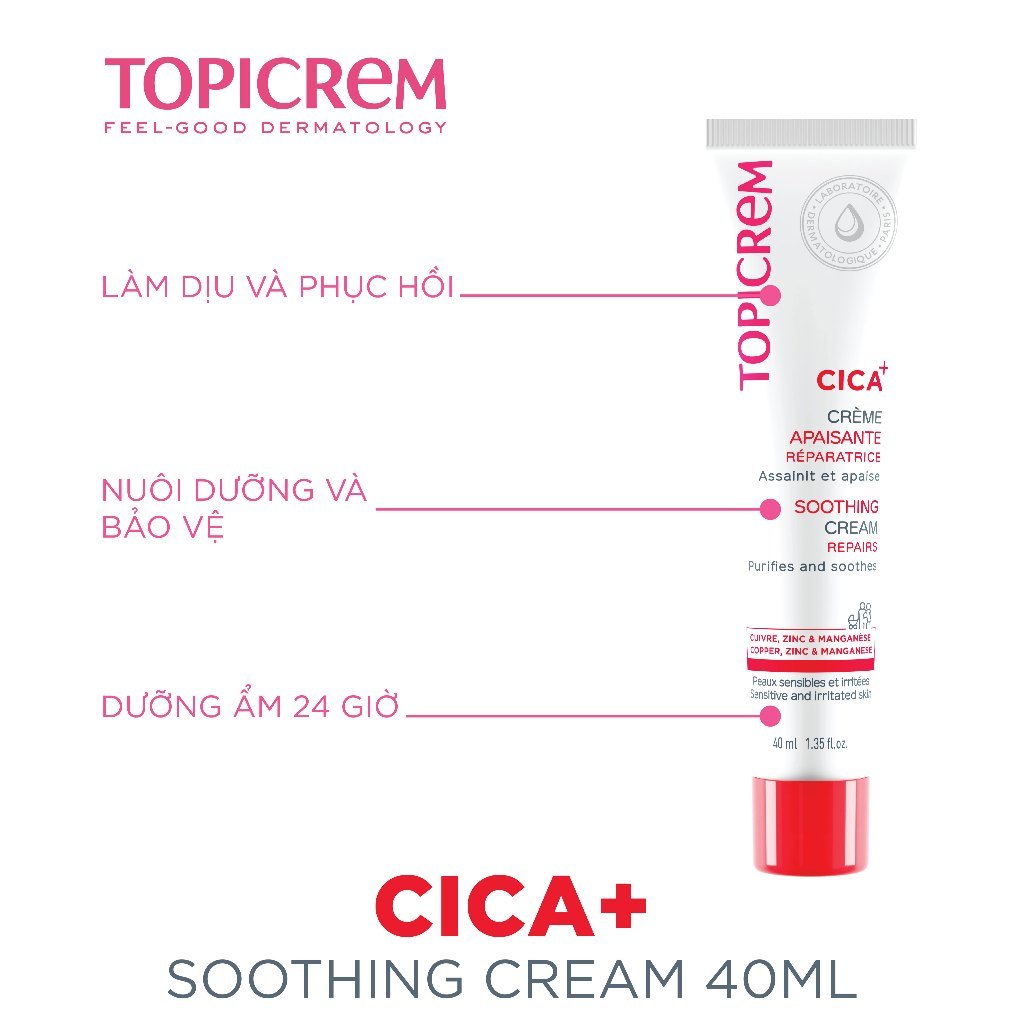 Kem dưỡng phục hồi và làm êm dịu da TOPICREM CICA+ SOOTHING CREAM 40ml - Skin Studio