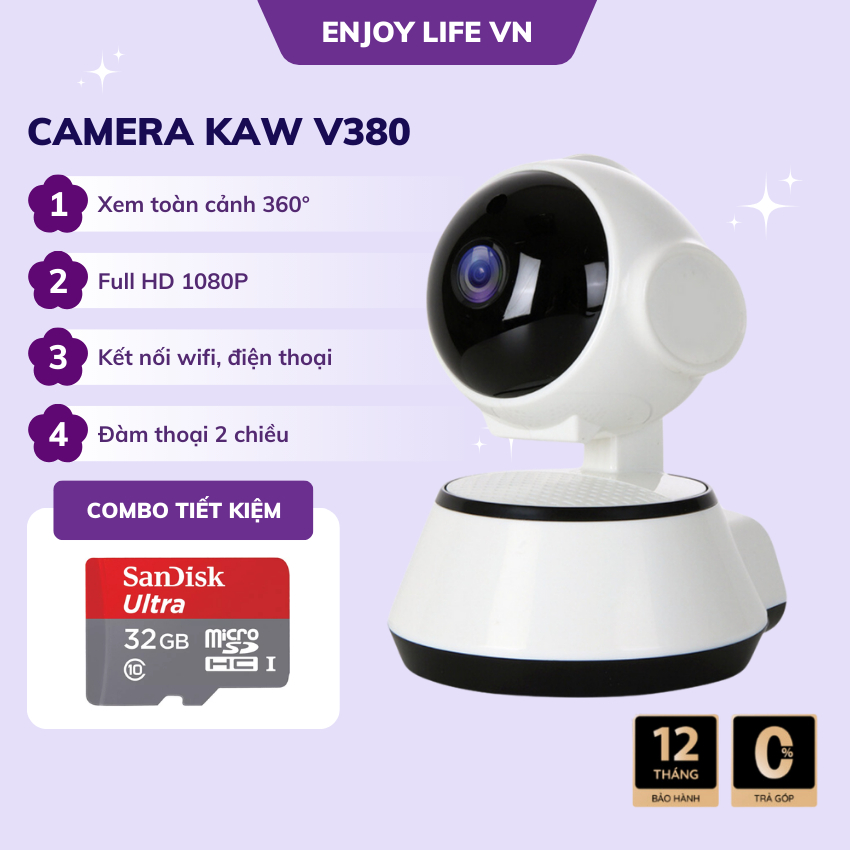 Camera V380 KAW  Wifi phát hiện chuyển động siêu nét góc rộng, đàm thoại 2 chiều IP giám sát xoay 360 độ