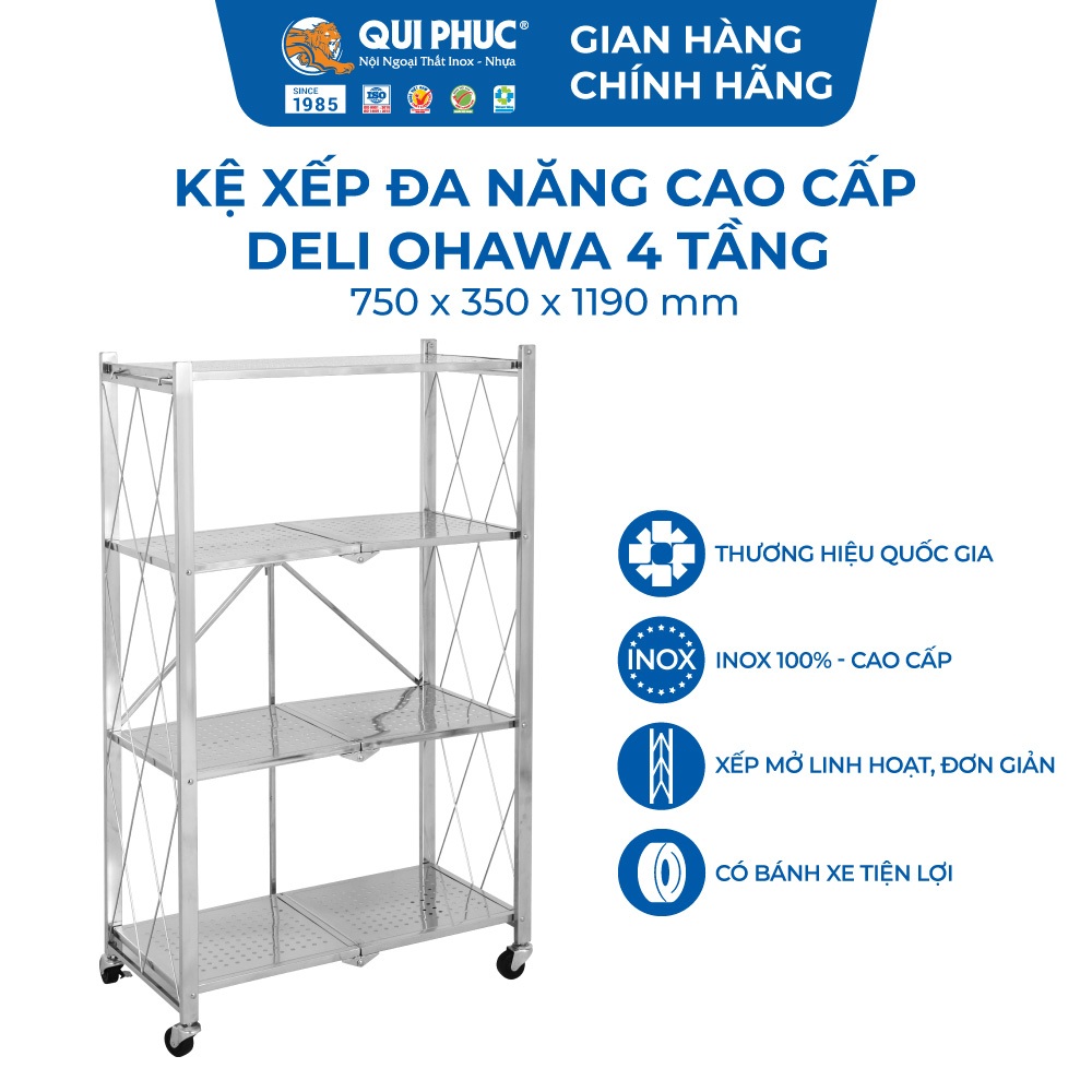 Kệ inox đa năng gấp gọn Ohawa 4 tầng QUI PHÚC, inox sáng bóng, tiện lợi, chân có bánh xe di chuyển