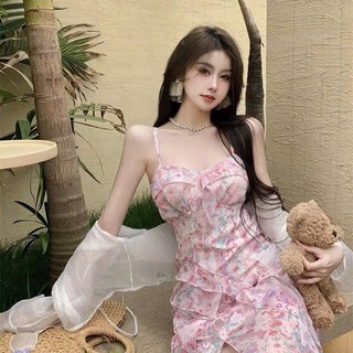 Đầm thời trang chất voan hoa dáng dài xẻ tà hai dây viền bèo kèm áo khoác sexy dịu dàng xinh đẹp cho nữ