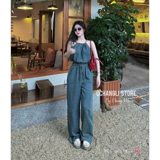 Jumpsuits dài chất jeans Quảng Châu cổ yếm rút dây eo trẻ trung cá tính đi dạo đi biển các buổi tiệc