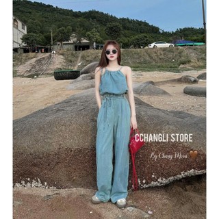 Jumpsuits dài chất jeans Quảng Châu cổ yếm rút dây eo trẻ trung cá tính đi dạo đi biển các buổi tiệc