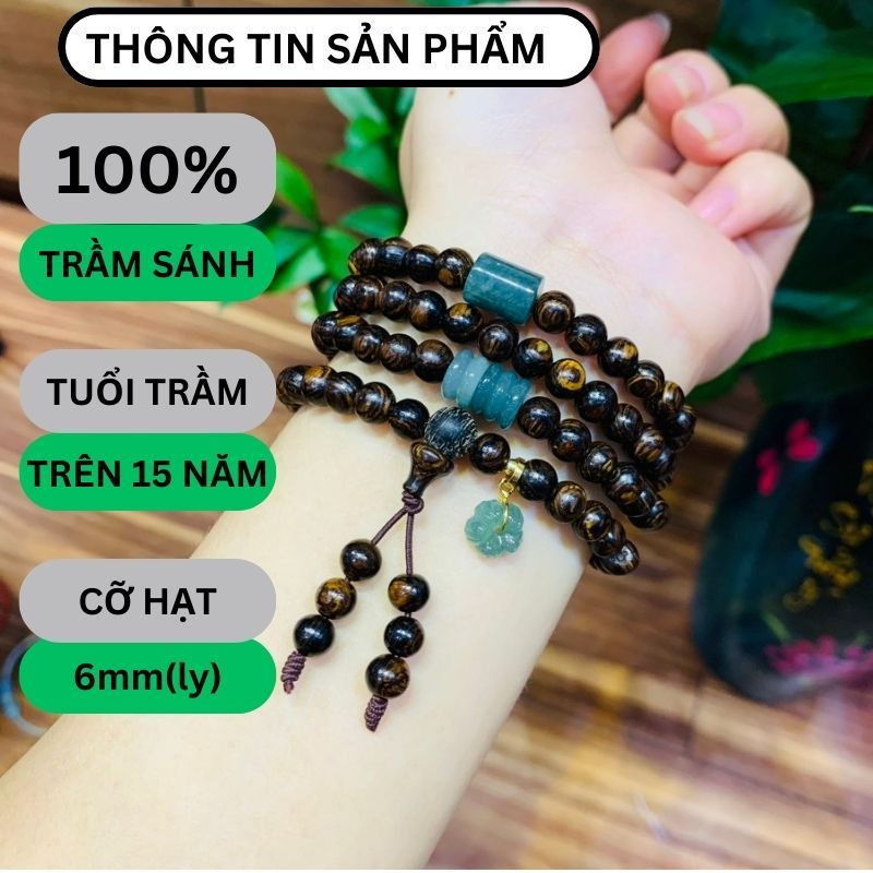 Vòng Tay Trầm Hương 108 Hạt Sánh Chìm 6ly Mix Charm Đá Cao Cấp - Chuỗi Tràng Hạt Phong Thủy Bình An (Kèm Quà Tặng)