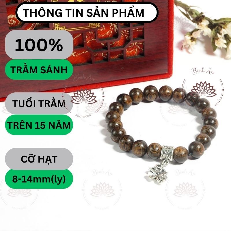 Vòng Tay Trầm Hương Tự Nhiên Cỏ Bốn Lá May Mắn- Trầm Sánh Chìm Việt - Mùi Dịu Nhẹ 10 12 14 16 ly