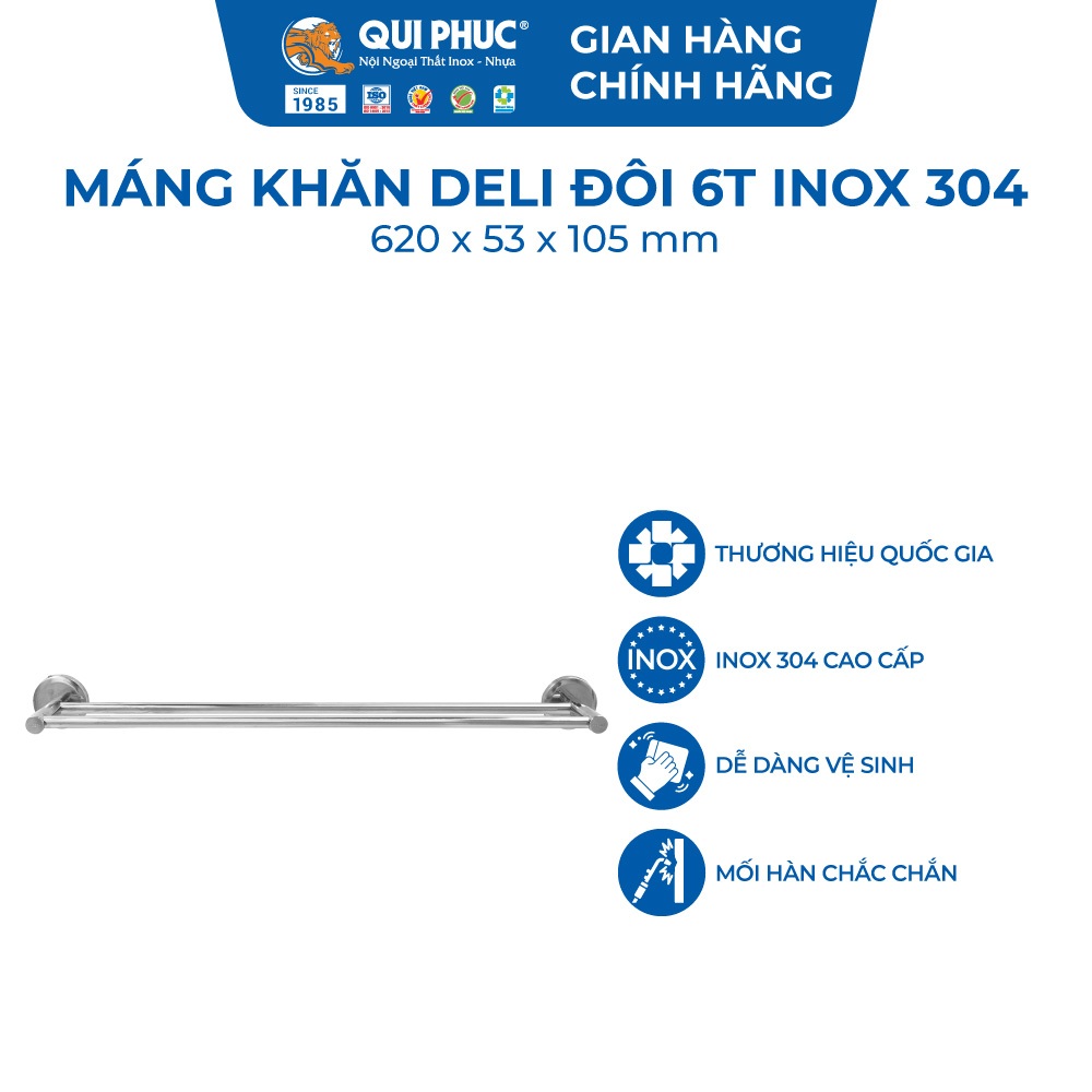 Thanh treo khăn nhà tắm Deli đôi QUI PHÚC, inox 304 không gỉ, sáng bóng, đa dạng kích thước