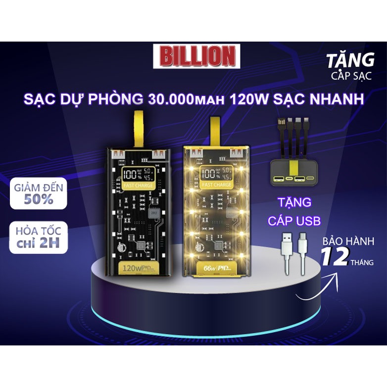 Sạc Dự Phòng 30.000mAh BILLION PK101 Sạc Nhanh Trong Suốt PD 120W Tích ...