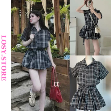 Váy nữ liền thân kẻ caro tay ngắn dáng bí kèm đai lưng , sét áo sơ mi liền thân cổ sơ mi trendy LOSY.STORE