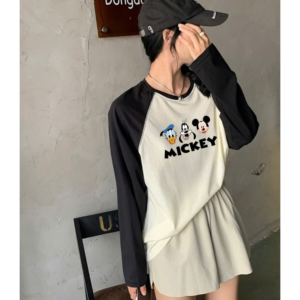 Áo dài tay phối màu in hình JULY fashion2023, Áo thun nữ tay dài Ragan phối màu ngọt ngào Cotton xược form rộng dáng dài