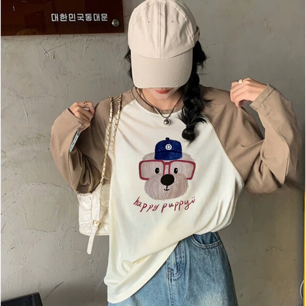 Áo dài tay phối màu in hình JULY fashion2023, Áo thun nữ tay dài Ragan phối màu ngọt ngào Cotton xược form rộng dáng dài