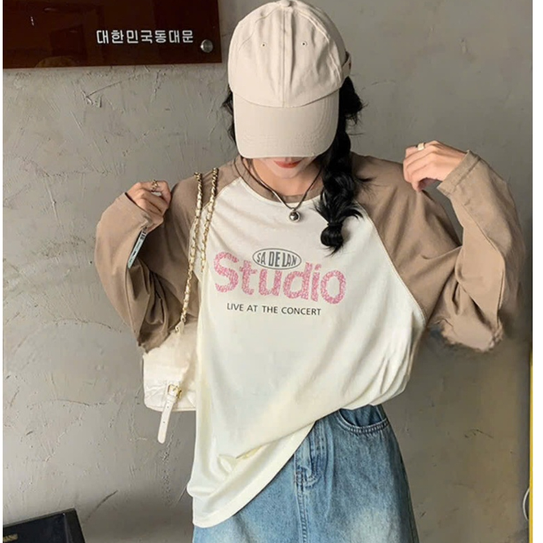 Áo dài tay phối màu in hình JULY fashion2023, Áo thun nữ tay dài Ragan phối màu ngọt ngào Cotton xược form rộng dáng dài