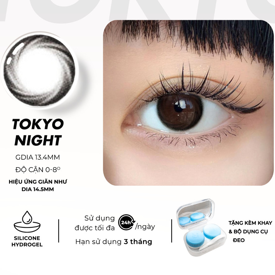 Lens cận màu đen giãn tròng Tokyo Night 💥HÀNG CAO CẤP💥 Kính áp tròng có độ cận 0-8, có độ ẩm cao mềm mại, không cộm