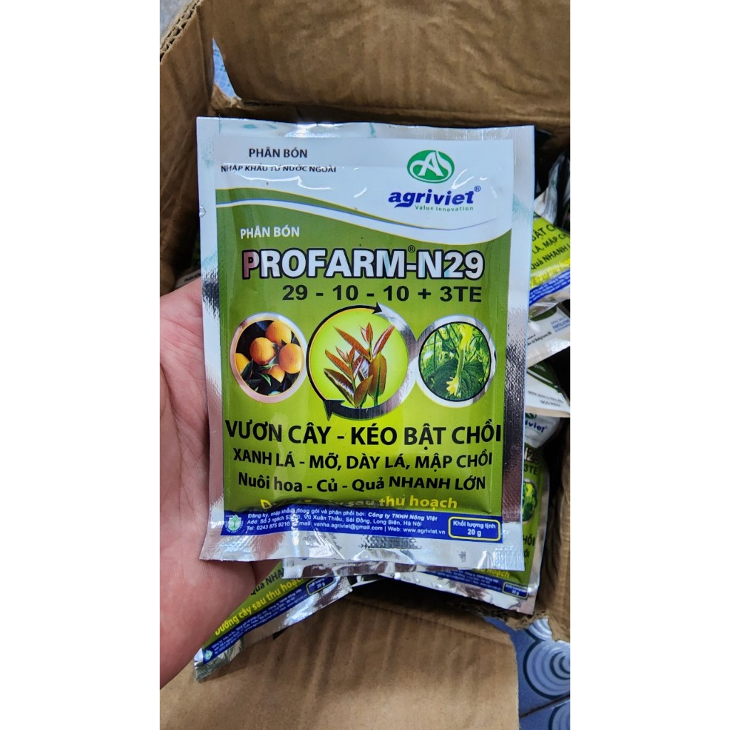 Phân Bón Lá PROFARM-N29 29-10-10+1.8Mg+TE – Kích Chồi Mạnh, Xanh Lá, Phục Hồi Cây Sau Thu Hoạch (Gói 20g)
